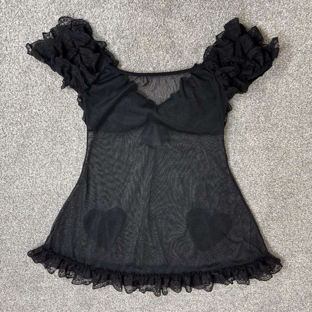 Babydoll Gown Womens OS Black Sheer Heart Lace Ruffle Kawaii Gothic Babydoll - Picture 2 of 3